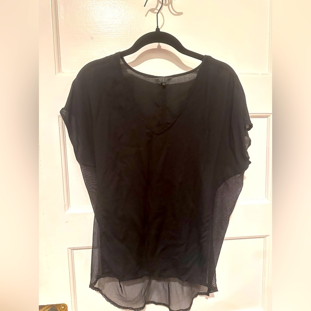 Guess black V neck top with mesh back